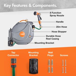 VonHaus 20m Retractable Wall Mounted Hose Reel – Auto Rewind, 8-Function Spray Gun