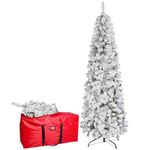 QUIENKITCH 7FT Snow Flocked Pencil Christmas Tree, Artificial Tall Skinny Slim Xmas Tree with Foldable Base Stand, Waterproof Storage Bag for Home Office Party Indoor Outdoor Decoration