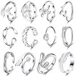 Hicarer 12 Pieces Silver Open Rings Set Adjustable Finger Rings Open Knot Toe Rings Various Stackable Tail Rings Beach Jewelry for Women Girls