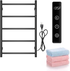 VJASS Towel Warmers for Bathroom Heated Towel Warmer Bathroom Towel Rack Electric Towel Warmer 5 Bars Heated Towel Rack Plug in Wall-Mounted Drying Rack Towel Heater 65W for Bathroom (Matte Black)