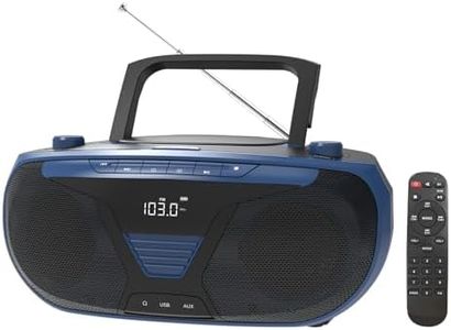 Portable Boombox - CD Player, Bluetooth, USB, MP3, AUX, FM Radio, Portable, Built-in Stereo Speakers, Carrying Handle, LCD Display, Remote Control, Black, Blue
