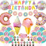 Ice Cream Birthday Balloons Kit - 57 Pieces Candyland Party Decorations Happy Birthday Banner Ice Cream Donut Balloons Donut Cake Toppers For Kids Girls Candy Themed Birthday Party Baby Shower Wedding