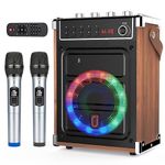 JYX Karaoke Machine with 2 UHF Wireless Microphones, Bluetooth Speaker with Bass/Treble/Echo Adjustment & LED Light, Support TWS, AUX In, FM, REC, Supply for Party/Adults(Wood)