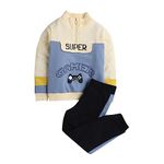 Hopscotch Cotton Boys Text Print Top Joggers Set In Blue Color For Ages 12-18 Months