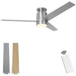 Flybull Ceiling Fan with Lights and Remote 52" Low Profile Ceiling Fan with 3 Light Colors, 6 Speeds, 3 Wood Blades, Modern Flush Mount Ceiling Fans for Bedroom Indoor Outdoor Use (Satin Nickel)