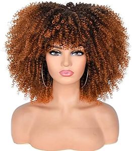 36cm Afro Kinky Curly Wig with Bangs for Black Women Ombre Brown1B/30 No Glue Full and Fluffy like a Bomb Short Curly Hair Wigs