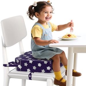 Toddler Booster Seat for Dining Table and Kitchen Chair – Adjustable Safety Straps, PU Leather, Non-Slip, Easy to Clean, Portable Travel Foam Booster Cushion for Kids & Toddlers (Purple-Star)