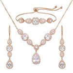 SWEETV Cubic Zirconia Bridal Jewelry Sets for Wedding, Crystal Necklace Dangle Earring Bracelet Jewelry Sets for Women, Rose Gold Prom Costume Jewelry Gifts