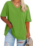 Fisoew Women's Plus Size V Neck T Shirts Summer Half Sleeve Tees Casual Loose Fit Cotton Tunic Tops Grass Green