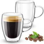 350ML Double Walled Glass Coffee Mugs, Clear Cappuccino Glass Mug Set of 2, Double Insulated Glass Coffee Mugs with Handle, Clear Borosilicate Glass Mugs, Espresso Mug Cups for Hot/Cold Drinks