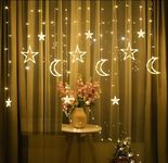 Deyaah 3.5m Star Moon Curtain String Light, LED Christmas Fairy Lights, Waterproof Hanging Window Star Moon Night Light for Ramadan, Christmas, Wedding, Party, Home, Terrace, Lawn (Warm White)