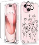 GVIEWIN 3 in 1 Designed for iPhone 15 Plus Case 6.7 Inch, with Screen Protector + Camera Protector Clear Flower [Not-Yellowing] Shockproof Women Slim Phone Cover, 2023 (Sketch/Black)