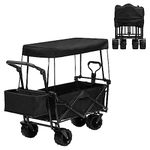 DOEWORKS Festival Trolley Cart on Wheels,Folding 100KG Collapsible Wagon with Top Cover,Cup Holders,Adjustable Handle and Insulation Bag, for Camping Garden Beach Shopping Transport Outdoor, Black