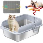 Sandpoy Enclosed Stainless Steel Litter Box with Lid, Cat Litter Box for Big Cats with High Sided, XL Metal Litter Box with Scoop, Litter Mat & Fish Toys, Easy Clean, Anti-Leakage, Non-Sticky