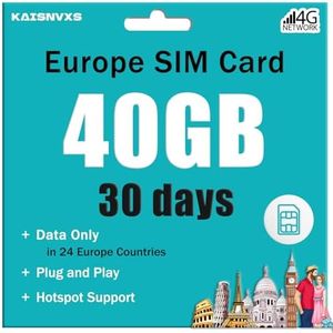 KAISNVXS Plug and Play Prepaid SIM Card for Europe Travel - EU 40GB Data SIM Card for 30 Days in 24 Countries, 5G/4G LTE High Speed Data Network, No Need Activation, Hotspot Support,Data Use Only