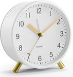 YouJabz Analogue Alarm Clock, Super Silent Non Ticking with Night Light, Battery Operated, Fashionable Round Metal Alarm Clock for Office, Bedroom, Elderly, Adults, Children, School Gift (White)