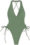 OYOANGLE Women's Criss Cross Backless V Neck Tie Side High Cut Thong One Piece Swimsuit Green X-Small