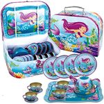 15 PCS Mermaid Tea Party Set for Little Girls, Pretend Tin Teapot Set, Princess Tea Time Play Kitchen Toy with Cups, Plates and Carrying Case for Birthday Gifts Kids Toddlers