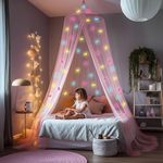 Pink Canopy for Girls Bed with Pre-Glued Glow in The Dark Unicorns - Princess Mosquito Net Room Decor - Kids & Baby Bedroom Tent with Galaxy Lights - 1 Opening Canopy Bed & Hanging Kit Included