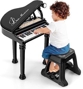 DREAMADE Clavier 31 Touches, Jouet Piano pour Enfants avec Tabouret, Instrument de Musique Mini Piano à Queue avec Microphone, Enseignement Guidé par La Lumière (Noir 31 Touches)