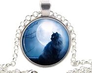 Silver Black Cat in Moon Necklace P