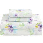 Floral Full Bed Sheet Blue and Purple Flower Double Bed Sheets - 4 Piece Soft Microfiber Patterned Fitted Sheets with 15" Deep Pocket