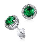 ChicSilver Simulated Emerald Halo Birthstone Earrings For Women Sterling Silver Round May Birthstone Ear Studs Fits Sensitive Ears