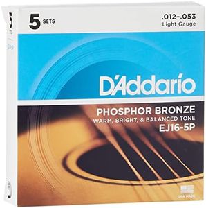 D'Addario Guitar Strings - Phosphor Bronze Acoustic Guitar Strings - EJ16-5P - Rich, Full Tonal Spectrum - For 6 String Guitars - 12-53 Light, 5-Pack