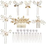 inSowni 26 Pack Gold Wedding Bridal Hair Side Combs+U Shaped Pins Clips Barrettes Leaf Flower Rhinestone Pearl Pieces for Women Girls Brides Bridesmaids