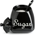 Gomakren Sugar Bowl, Sugar Container with Lid and Spoon 13oz, Ceramic Sugar Jar for Kitchen, Coffee Bar, Countertop, Modern Farmhouse Kitchen Decor, Black