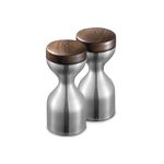 Robert Welch Limbrey Satin Salt & Pepper Mills Set. Made from 18/10 Stainless Steel, Walnut Top. 10 Year Guarantee.
