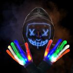 JIGUOOR LED Mask Halloween, LED Purge Mask & Gloves for Adults Women, Halloween 3 Modes Light up LED Scary Face Mask for Parties Cosplay, Halloween, Festival, Carnival Costume