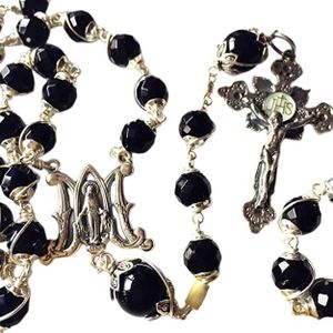 elegantmedical Rare Bali Wire Wraped Beads Sterling Silver Catholic Rosary Cross black Agate Necklace Gift last supper Box