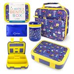 Bento Box with Thermal, Insulated Lunch Bag, & Ice Pack Set for Kids or Toddlers. Stainless Steel Food Jar, 5 Compartment Lunch-Box for Pre-School or Daycare, Blue Yellow Trucks