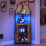 GarveeHome Corner Bar Wine Cabinet with LED Lights, 5-Tier Industrial Wine Cabinet with Glass Holder, Modern Liquor Cabinet with Adjustable Shelf, Home Bar Cabinet with Mesh Door, Rustic Brown