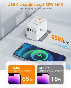 TESSAN 65W Universal Travel Adapter – 4 USB-C, 1 USB-A, Worldwide Plug