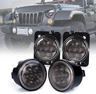 Xprite LED Smoke Lens Turn Signal Lights with Halo DRL and Parking Function & Front Fender Side Marker Amber Light Assembly Replacement Combo for 2007-2018 Jeep Wrangler JK & Wrangler Unlimited