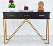 Samdecors Solid Mango Wood 3 Drawer Lamino Console Hall Table Black Finish with Iron Frame in Golden Finish
