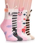 PROETRADE Womens Fluffy Slipper Socks Cabin Plush Soft Fleece Warm Bed Cosy Socks Winter Christmas Stocking Fillers for Ladies(Animal B(5 Pairs))