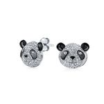 Whimsical Cute Zoo Animal Black White Cubic Zirconia Pave CZ Panda Bear Stud Earrings For Women Teen .925 Sterling Silver