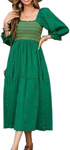 R.Vivimos Women's Long Sleeve Cotton Boho Midi Dress Vintage Square Neck Floral Embroidered Tiered Ruffle Flowy Pockets Dress (Small, Green)