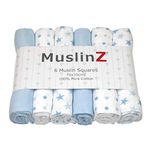 MuslinZ 6pk Baby Muslin Squares Burp Cloths Dribble Cloth Breastfeeding Cover 70x70cm 100% Pure Cotton Absorbent & Breathable (Blue Star)