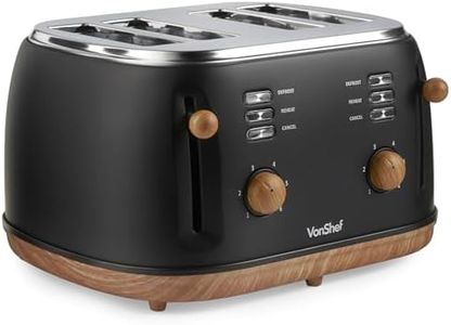 VonShef 4 Slice Toaster - Nordic Matte Black Design, 6 Browning Settings, Wide Slots, Defrost, Reheat and Cancel Functions, Removable Crumb Tray, High Lift Lever & Cord Storage - Fika Range