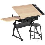 Yaheetech Adjustable Height Drawing Table, Drafting Table, Artist Drawing Table with Tiltable Tabletop, Art Craft Desk for Artwork, Graphic Design, Reading