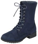 Forever Link Womens Round Toe Military Lace up Knit Ankle Cuff Low Heel Combat Boots, Navy, 8 UK