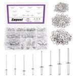 Swpeet 560Pcs Silver 3/32" 1/8" 5/32" 3/16" Pop Rivets Assortment Kit with Stainless Steel Backup Washers, Assorted Aluminum Blind Rivets with Divider Labeled Case for Storage