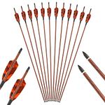 6 x Pure Carbon Archery Arrows Wood Grain Shaft Spine 500, 4'' Natural Feather with Replace Arrowheads for Traditional Recurve Bow Compound Bow Longbow Hunting Target Practice (31 Inch)