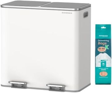 SONGMICS Trash Can, 2 x 10.6 Gallon (2 x 40 L) Garbage Can for Kitchen, with 15 Trash Bags, 2 Compartments, Plastic Inner Buckets and Hinged Lids, Airtight, White and Gray ULTB730W80