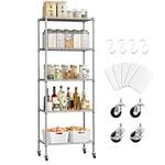 5 Tier Shelving Unit Adjustable Storage Shelf Metal Storage Rack Wire Storage Shelves with Heavy-Duty Rubber Metal Wheels for Laundry Bathroom Kitchen Pantry Closet (Silvery, 5 Tier)