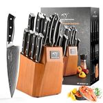 NANGFANG Brothers Kitchen Knife Sets with Wooden Block and Sharpener, 18 PCS Japanese Chef’s Knife Sets,Sharp Damascus Knife Block with Knives(Natural Oak)